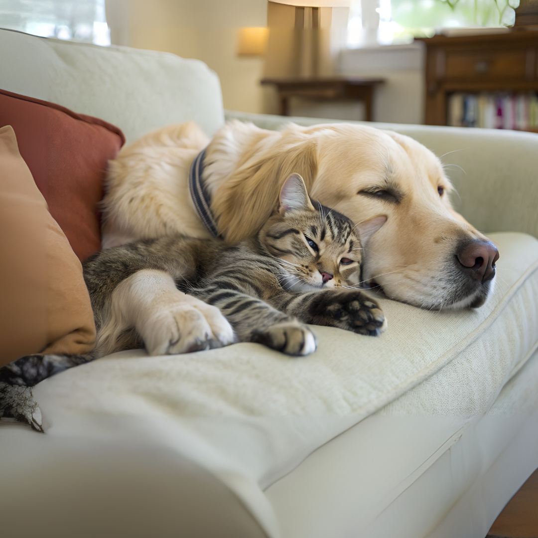 A dog and a cat cuddling on a couch
